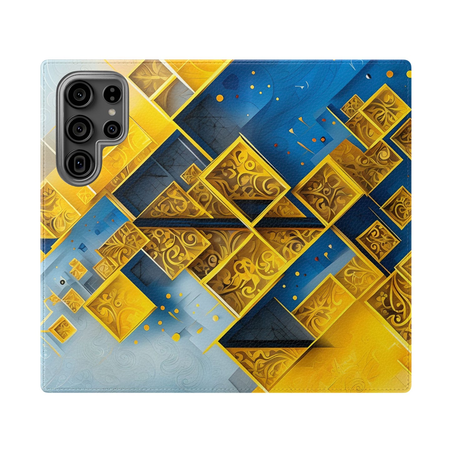 Golden Ascent Samsung Galaxy wallet flip phone case with abstract gold geometric blocks and blue background design