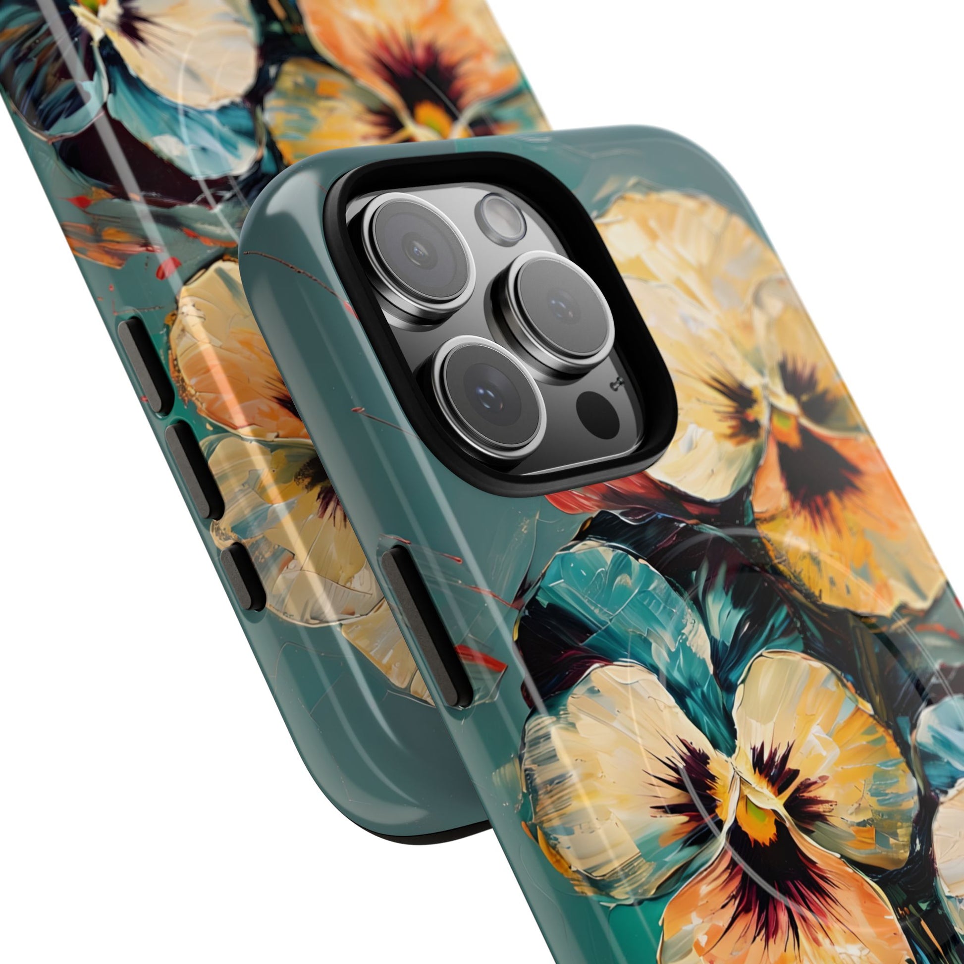 Golden Pansy Cascade - Elegant Floral iPhone 16 Pro Max MagSafe Case with Deep Teal Background