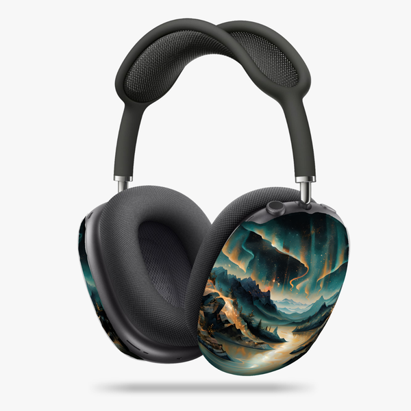 Aurora Dreamscape AirPods Max Cases with Abstract Night Sky Waves, Teal & Gold Cosmic Design, Artistic Protective Shells for Apple Headphones