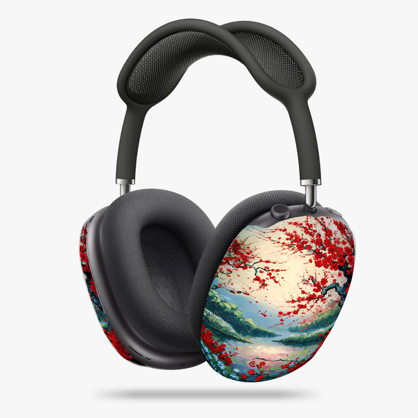 Crimson Blossom Lake AirPods Max Cases - Japanese Inspired Red Floral Lake Scene Wrap for Apple Headphones