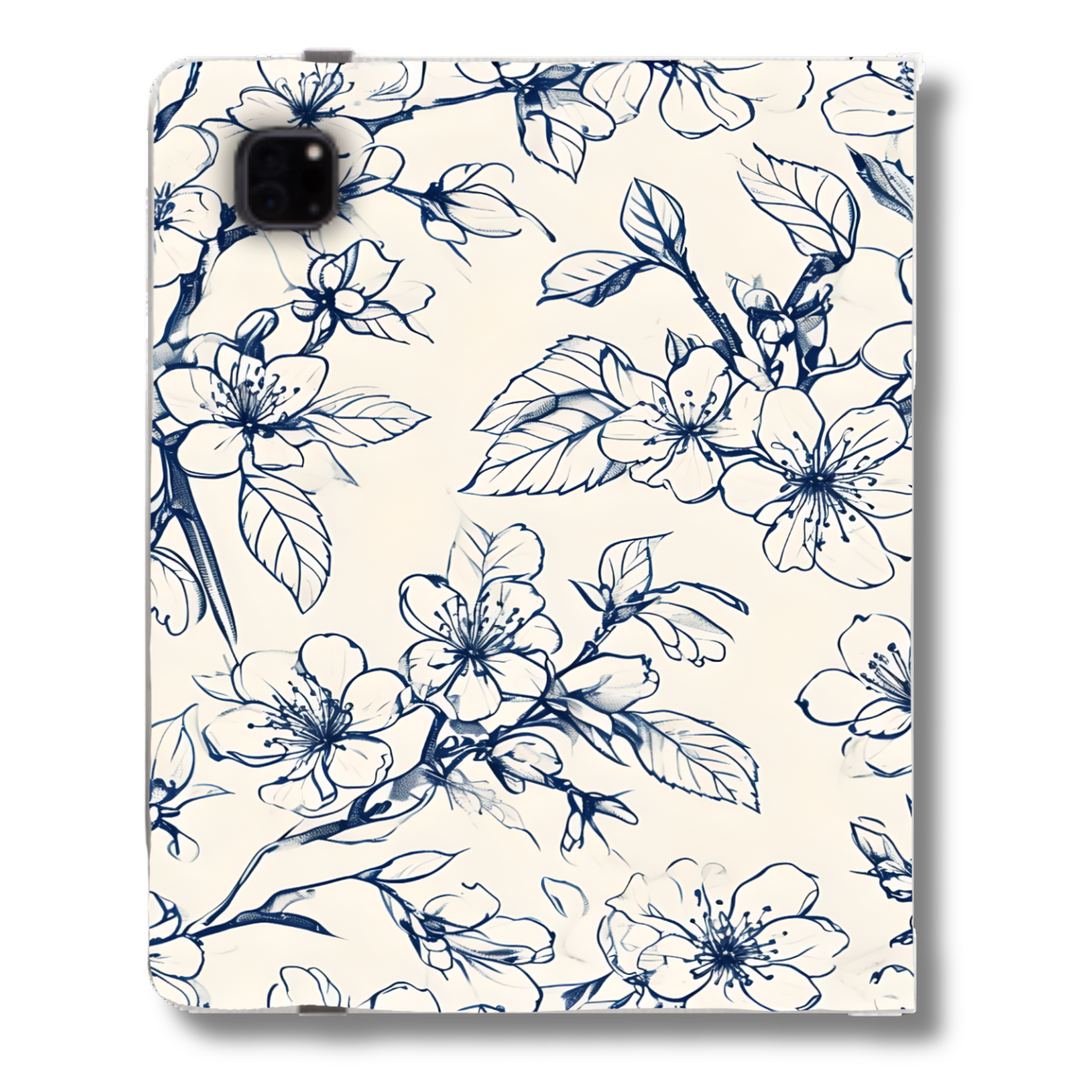 Blossom Sketch iPad Folio Case - Elegant Dark Blue & Gold Tablet Cover, Vegan Leather, Fits iPad Pro 11 inch and 12.9 inch