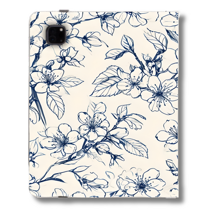 Blossom Sketch iPad Folio Case - Elegant Dark Blue & Gold Tablet Cover, Vegan Leather, Fits iPad Pro 11 inch and 12.9 inch