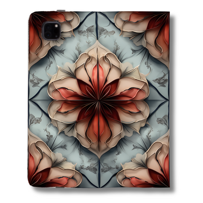 Ember Bloom iPad Folio Case - Fiery Floral Mandala in Red, Teal & Beige Tones, Fits iPad Pro 11 inch and 12.9 inch