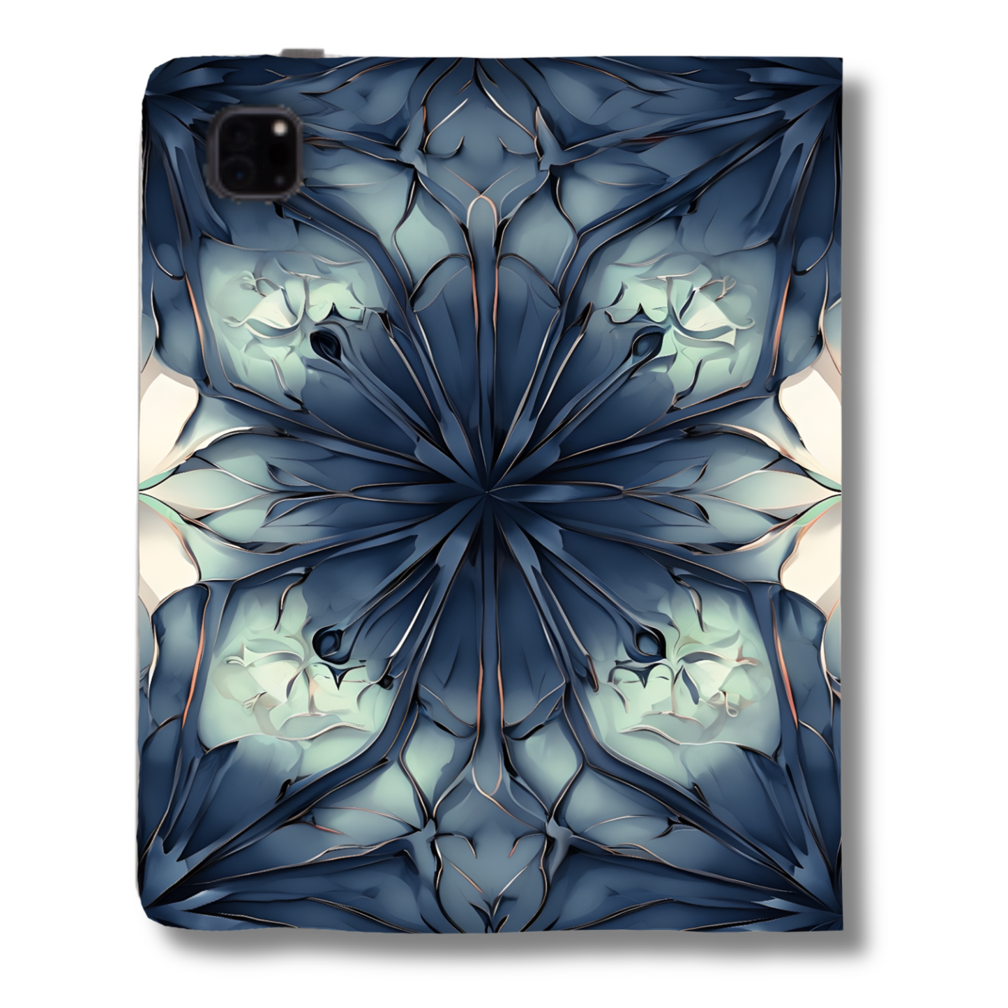 Indigo Mosaic iPad Folio Case - Elegant Dark Blue Kaleidoscope Floral Tech Cover, Vegan Leather, Fits iPad Pro 11 inch and 12.9 inch