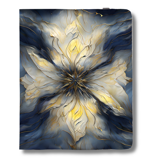 Luminous Petal iPad Folio Case - Radiant Floral Design in Gold & Navy, Vegan Leather, Fits iPad Pro 11 inch and 12.9 inch