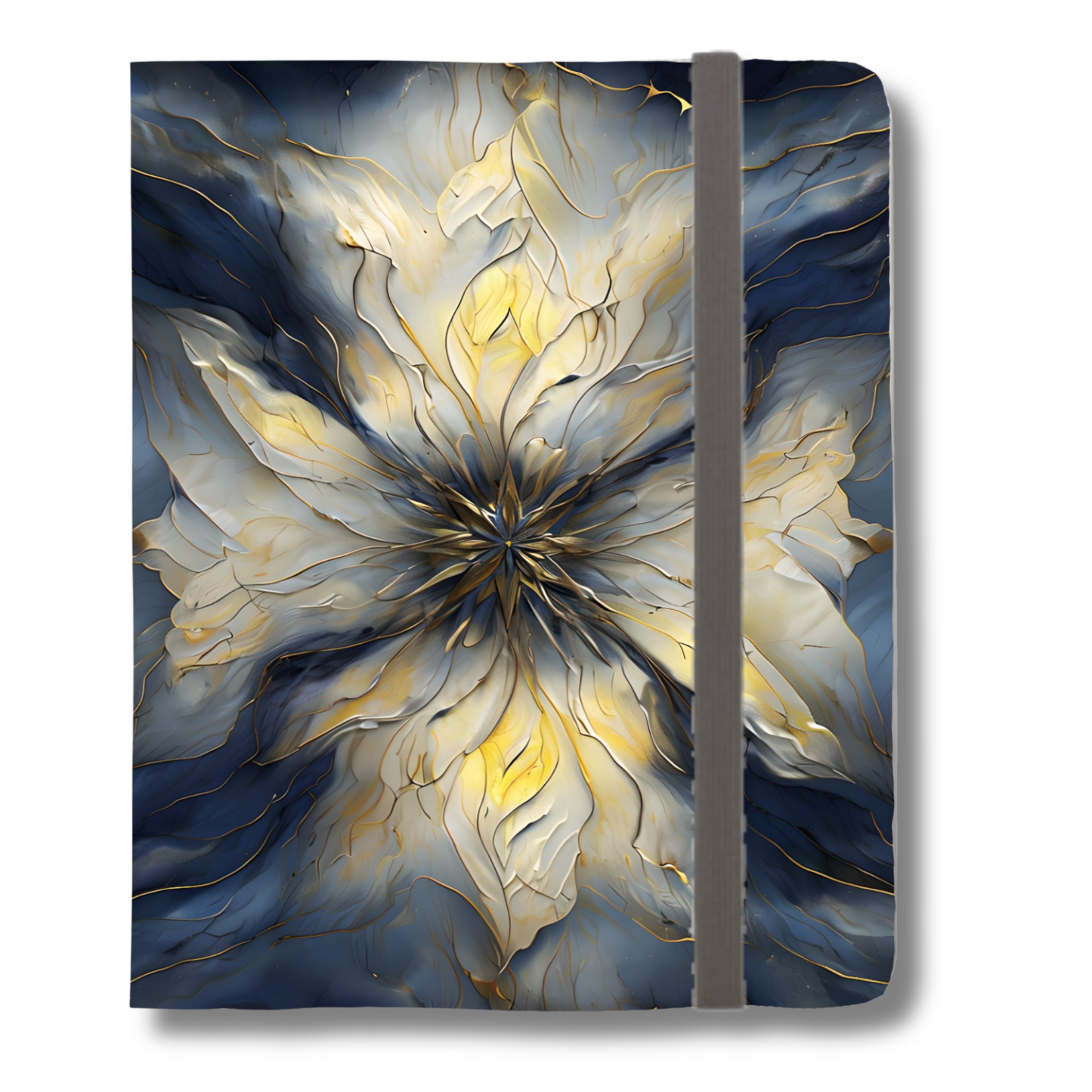 Luminous Petal iPad Folio Case - Radiant Floral Design in Gold & Navy, Vegan Leather, Fits iPad Pro 11 inch and 12.9 inch