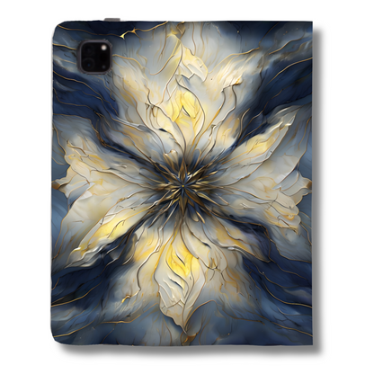 Luminous Petal iPad Folio Case - Radiant Floral Design in Gold & Navy, Vegan Leather, Fits iPad Pro 11 inch and 12.9 inch