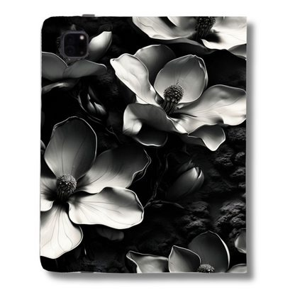 Monochrome Magnolia iPad Folio Case - Black & White Floral Tablet Cover, Vegan Leather, Fits iPad Pro 11 inch and 12.9 inch