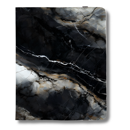 Obsidian Vein iPad case with black, white, and smoky grey marble pattern and bold diagonal quartz vein across front cover, closed front view