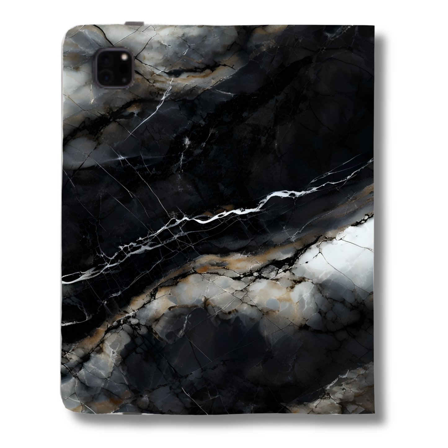 Obsidian Vein iPad case back view with camera cutout, glossy black and grey marble texture with bright diagonal white vein across hard shell