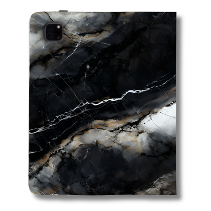 Obsidian Vein iPad case back view with camera cutout, glossy black and grey marble texture with bright diagonal white vein across hard shell