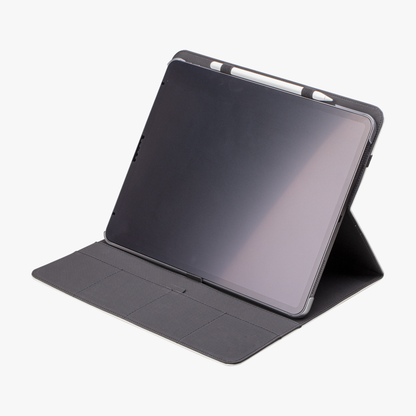 Obsidian Vein iPad case folded into viewing stand position, solid dark exterior and angled tablet screen in landscape mode