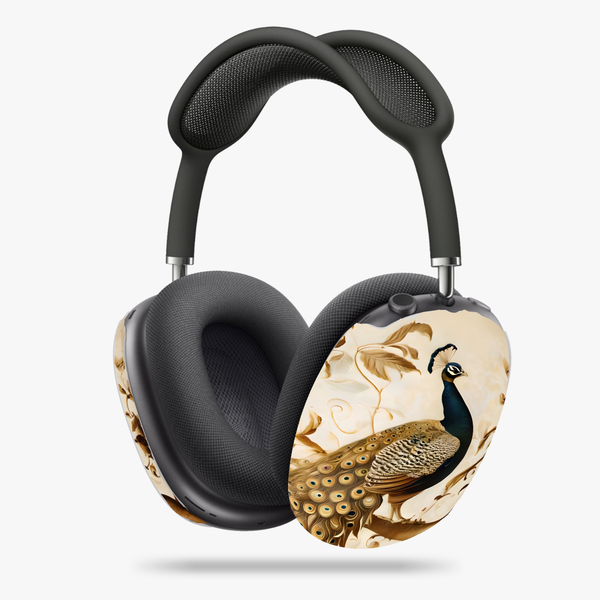 Golden Plumage AirPods Max Cases, Aesthetic Earphone Cover, Elegant Gold & Cream Peacock Design
