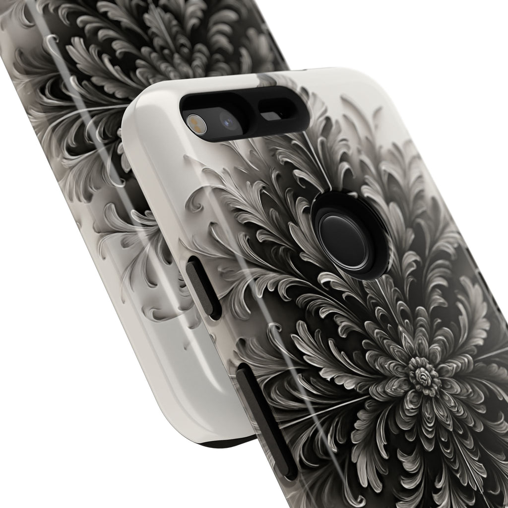Obsidian Bloom - Elegant Black & White Google Pixel Tough Phone Case - Intricate Mandala Flower Design
