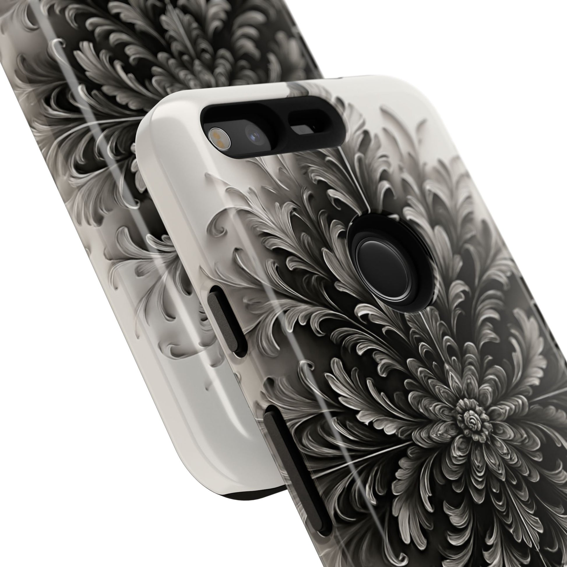 Obsidian Bloom - Elegant Black & White Google Pixel Tough Phone Case - Intricate Mandala Flower Design