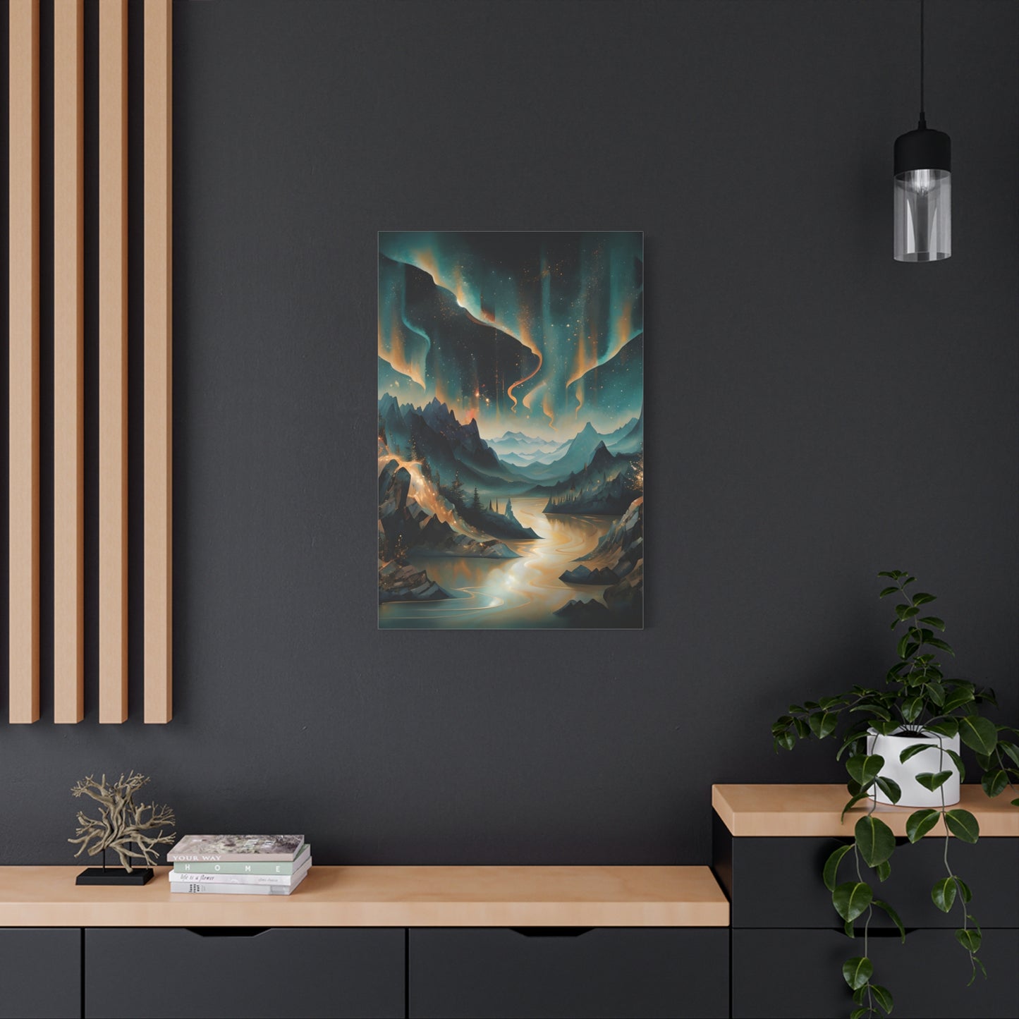 Aurora Dreamscape wall art canvas displayed on a dark accent wall in a modern living room