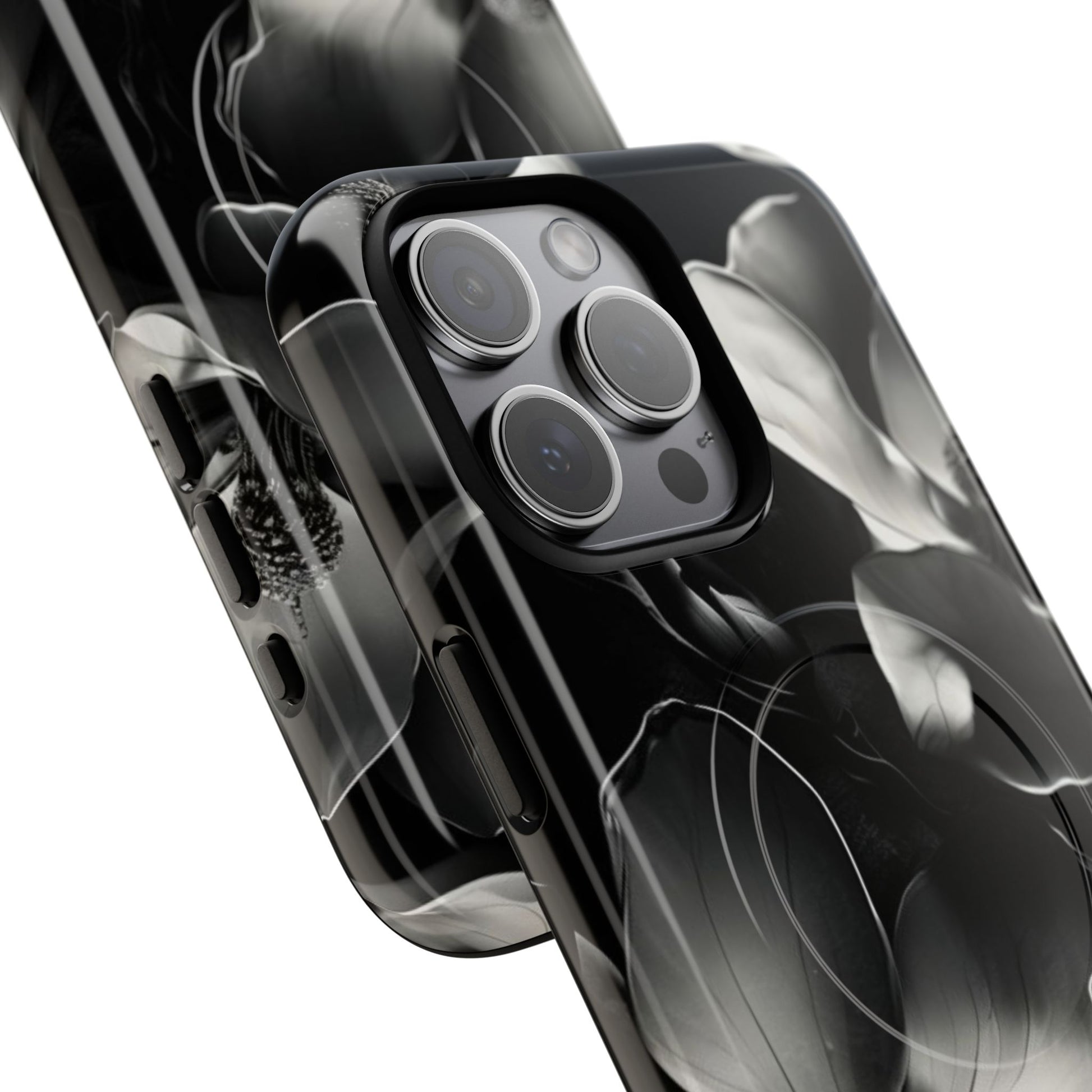 Monochrome Magnolia - Elegant Black & White Floral iPhone 15 Pro Max MagSafe Phone Case - Artistic Magnolia Design