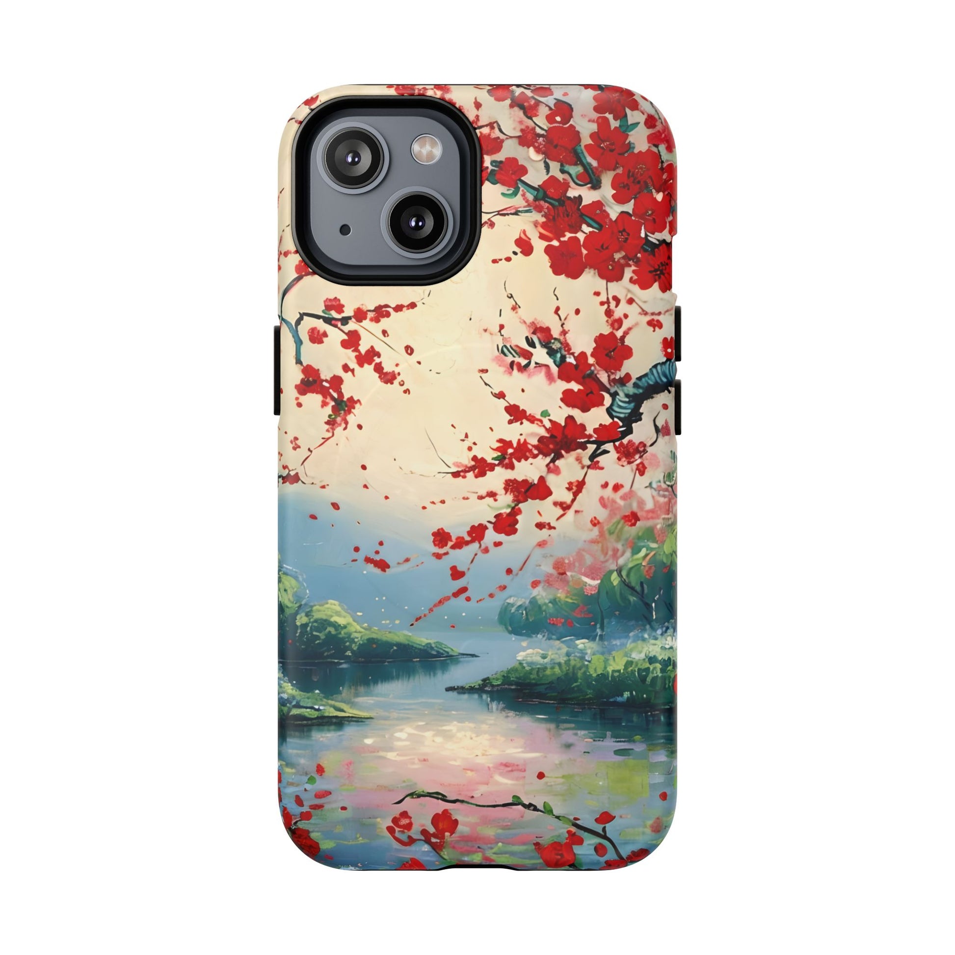 Crimson Blossom Lake - Artistic Floral Landscape iPhone 14 MagSafe Phone Case - Red Cherry Blossoms & Serene Lake Design