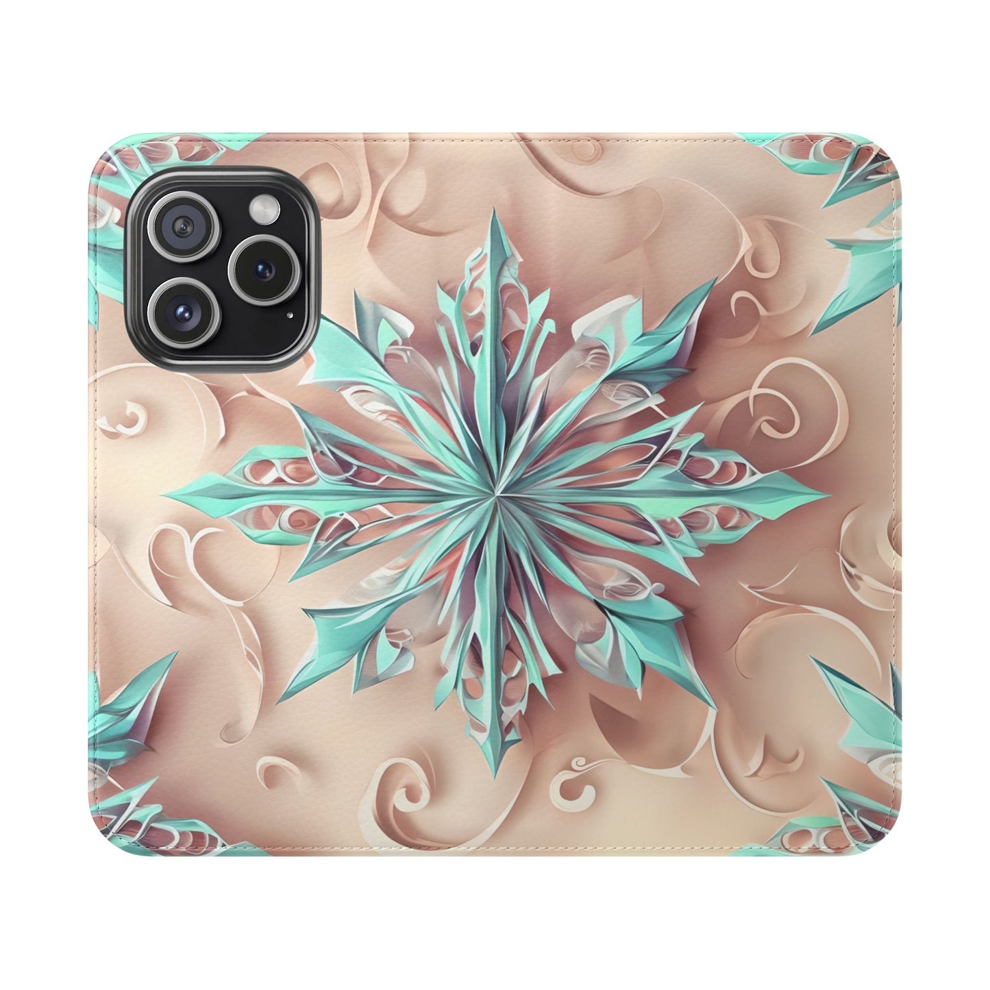 Frosted Petals iPhone Wallet Case - Soft Floral Kaleidoscope Design in Blush & Aqua
