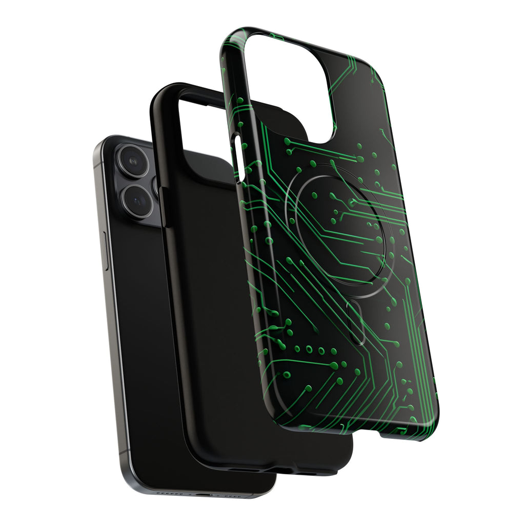 Green Circuit Grid iPhone 15 Pro Max MagSafe Compatible case- Tech-Inspired Shockproof Cover