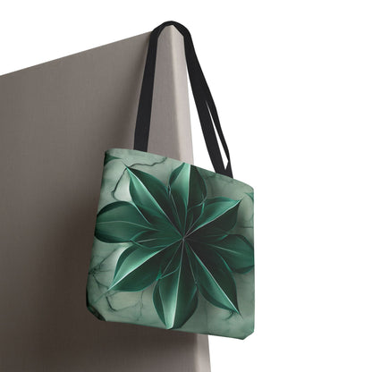 Emerald Bloom canvas tote bag hanging with emerald, green floral bloom design