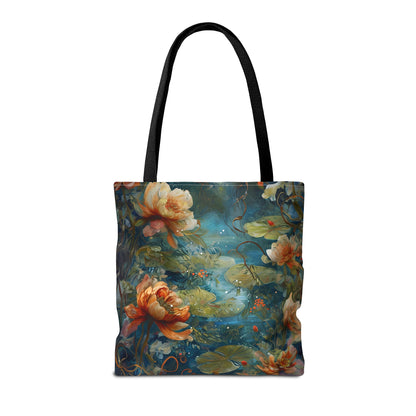 Waterlily Nocturne Canvas Tote Bag (16x16 & 18x18)- Premium Navy Handle Designer Tote, Artistic Eco-Friendly Shopping Bag