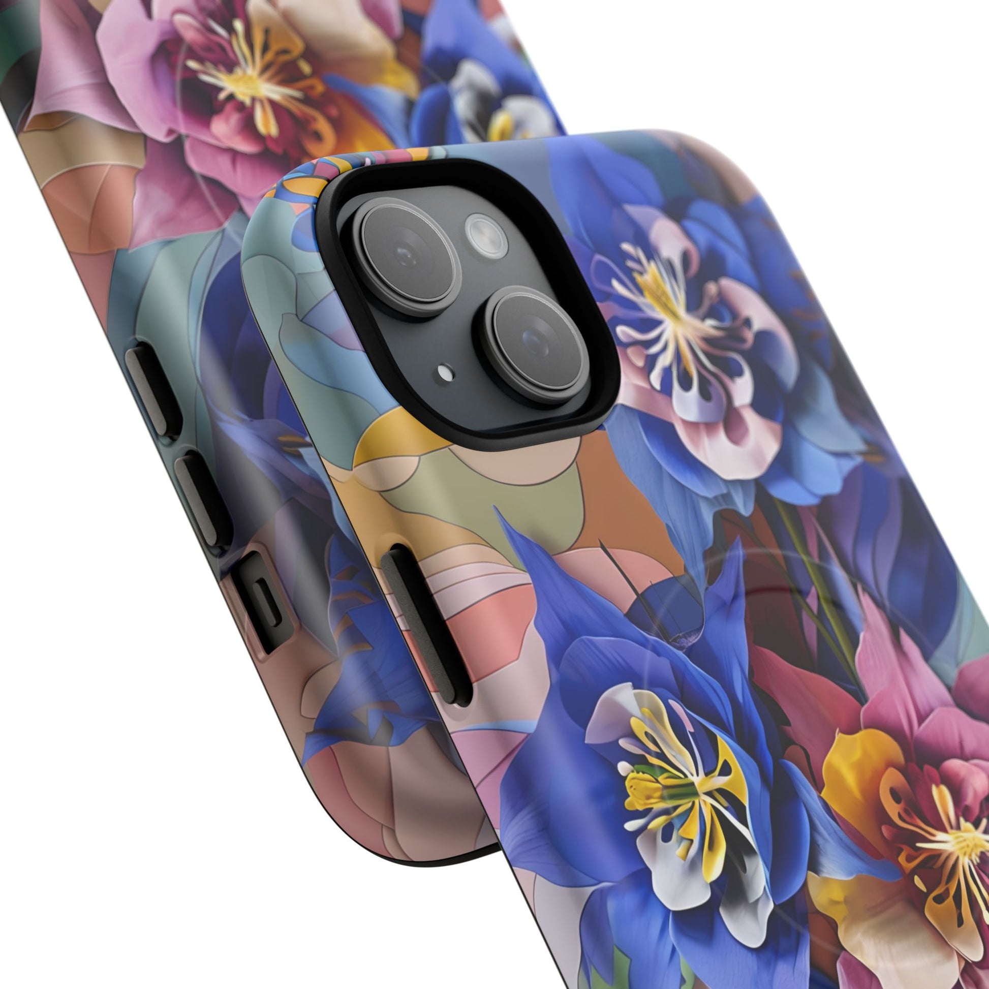 Blue Columbine Carnivale - Artistic Floral & Butterfly iPhone 15 Plus MagSafe Phone Case - Vibrant Botanical Design