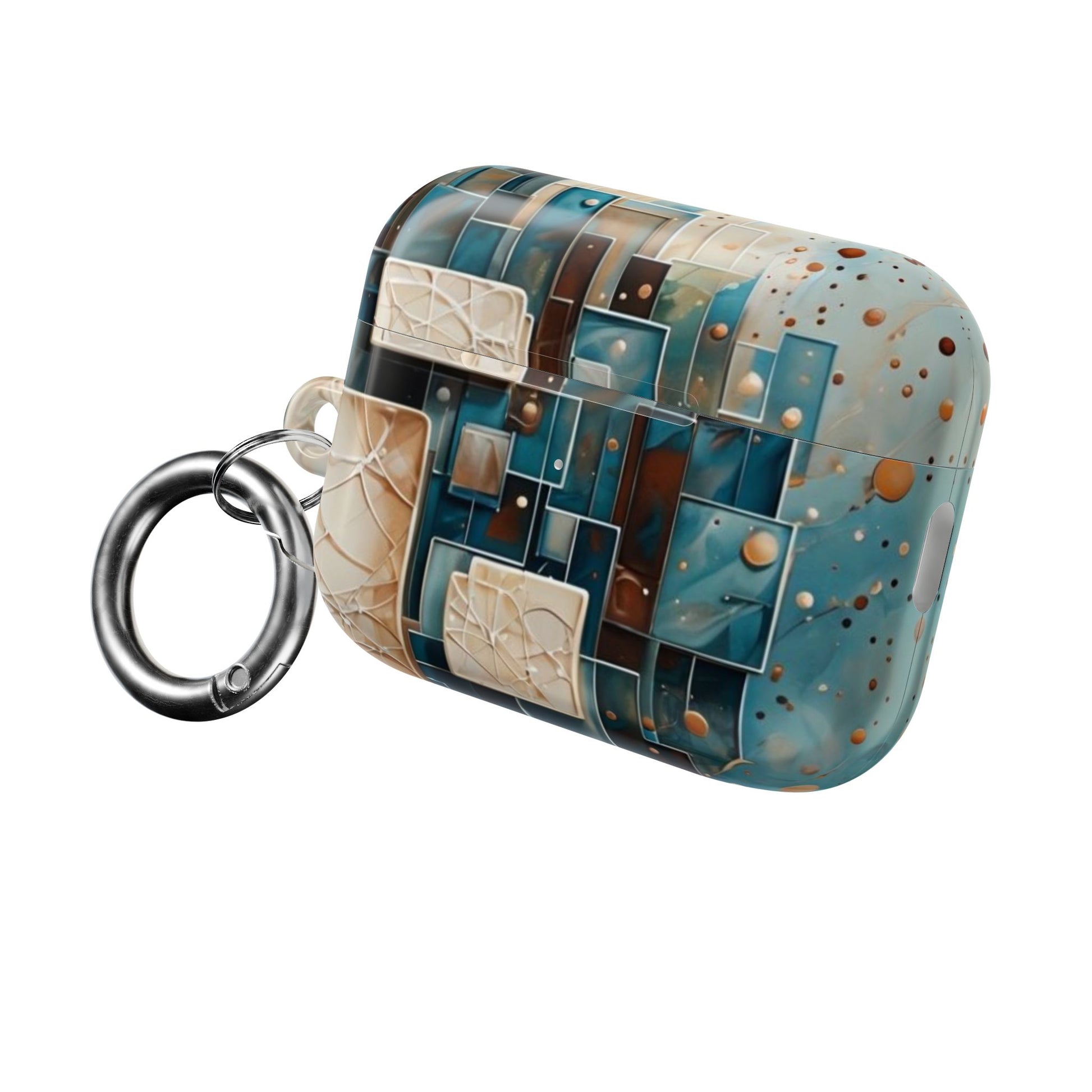 Architectural Drift AirPods protective case with geometric tile artwork and attached carabiner clip