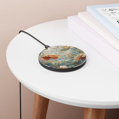 Waterlily Dreamscape water lily floral art Qi wireless charger on bedside table with books