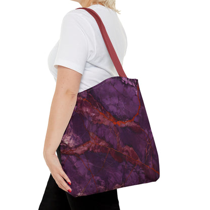 Amethyst Current canvas tote bag worn over shoulder showing vibrant amethyst marble artwork