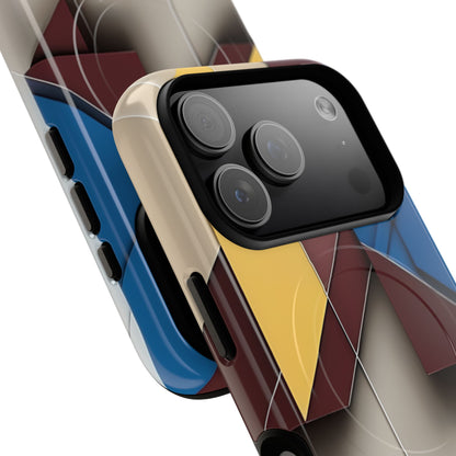 Angled view of Chromatic Construct geometric abstract iPhone MagSafe protective case with large camera cutout