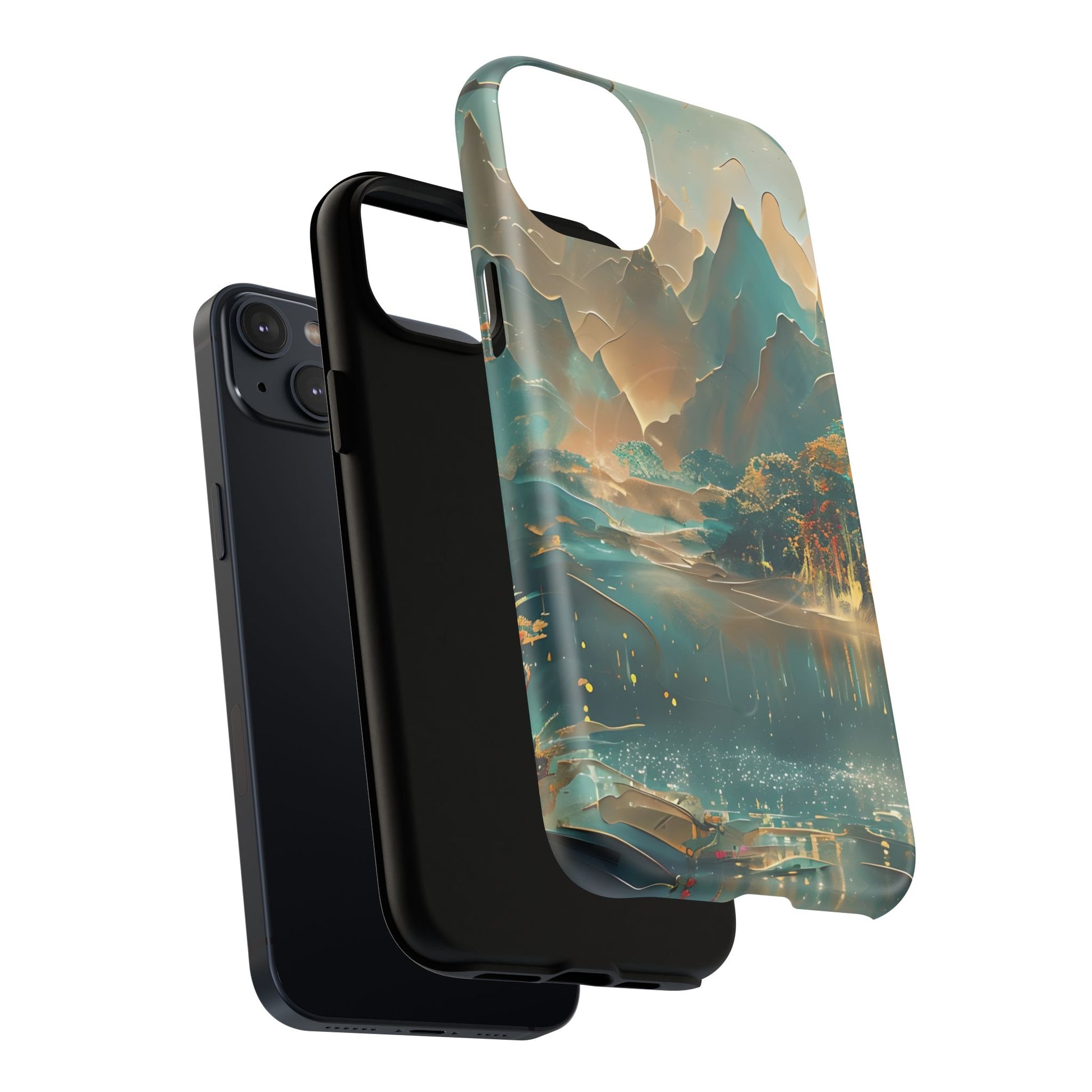 Misty Horizon - Serene Landscape Art iPhone 14 Plus MagSafe Phone Case - Tranquil Mountain & Lake Design