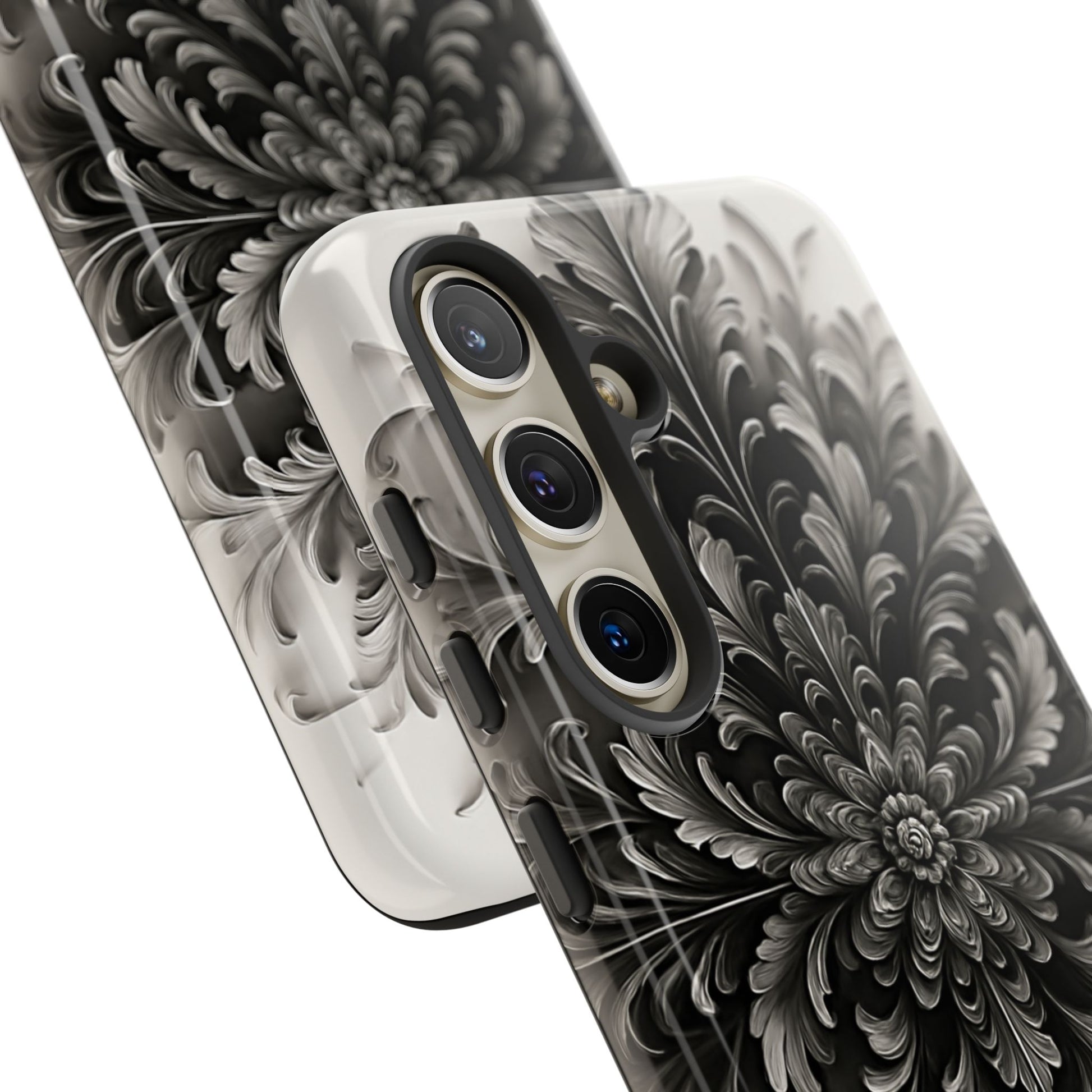 Obsidian Bloom - Elegant Black & White Samsung Galaxy S24 Tough Phone Case - Intricate Mandala Flower Design