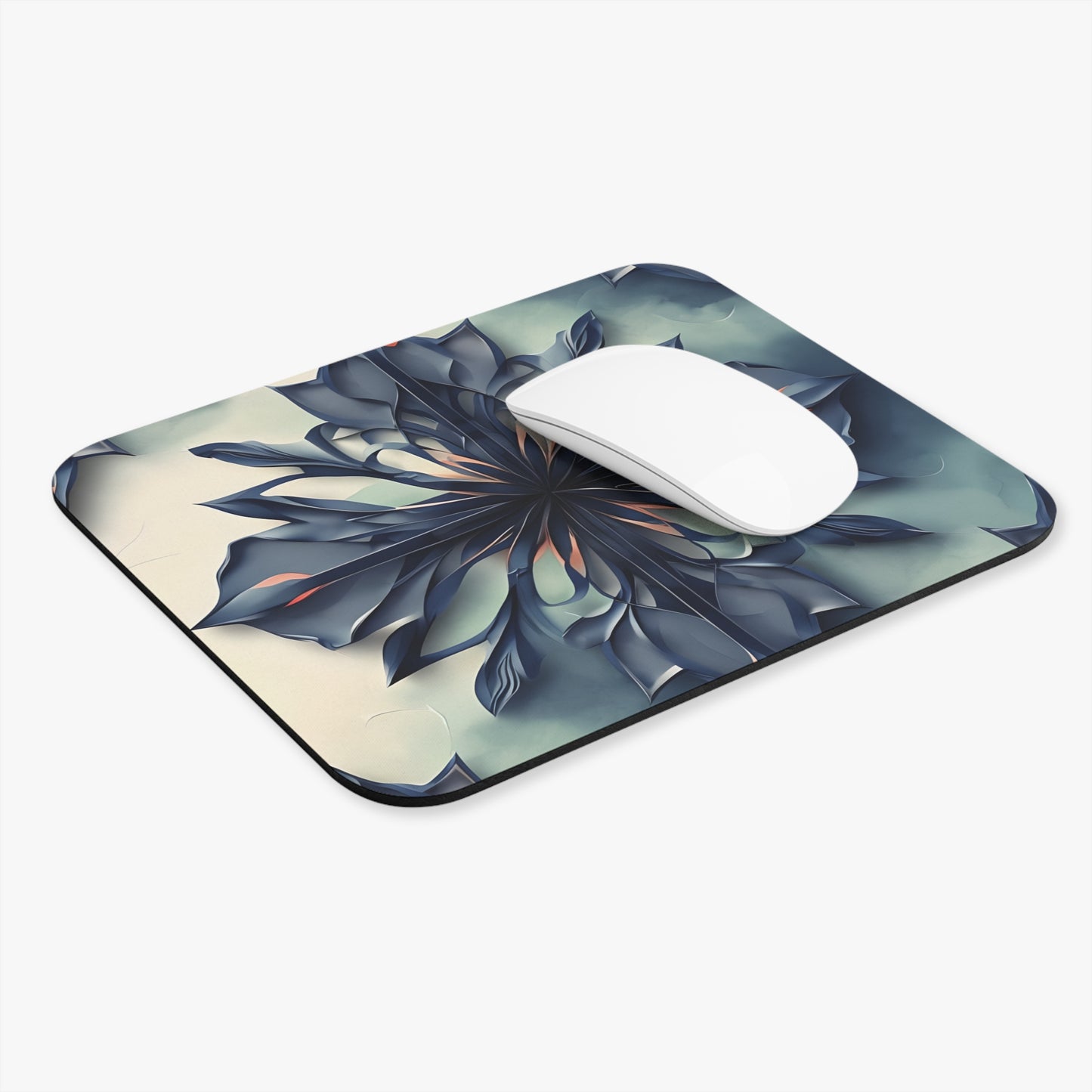 Frosted Indigo Bloom mouse pad in workspace with mouse showing indigo floral design