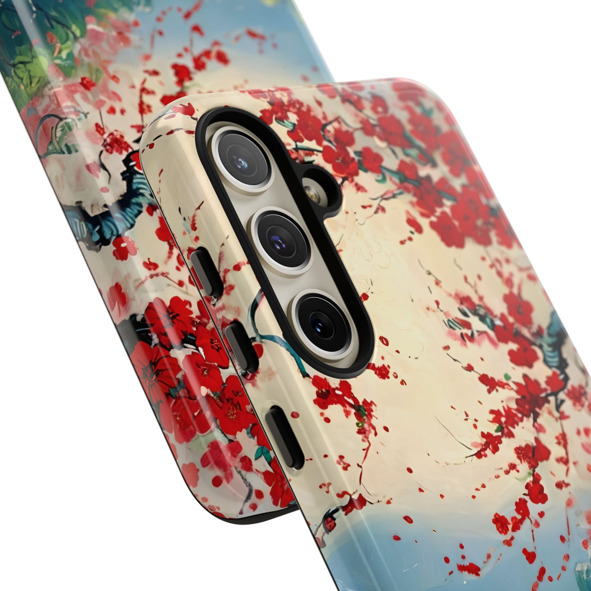 Crimson Blossom Lake - Artistic Floral Landscape Samsung Galaxy S24 Plus Tough Phone Case - Red Cherry Blossoms & Serene Lake Design