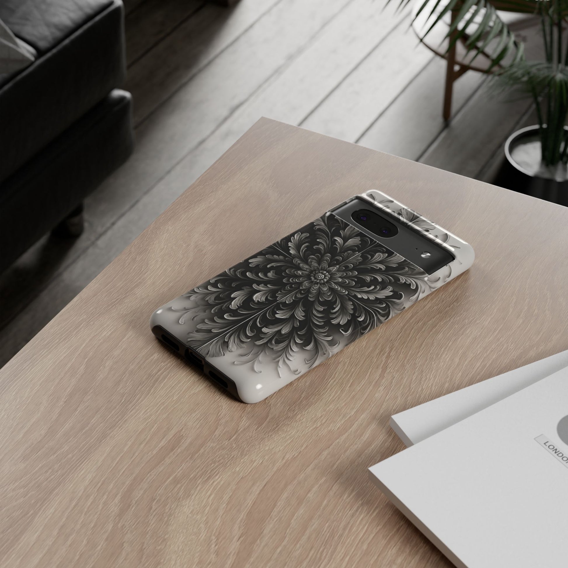 Obsidian Bloom - Elegant Black & White Google Pixel 7 Phone Case - Intricate Mandala Flower Design