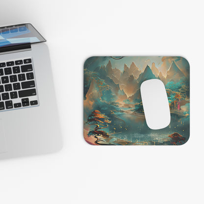 Misty Horizon mouse pad beside laptop displaying abstract landscape design