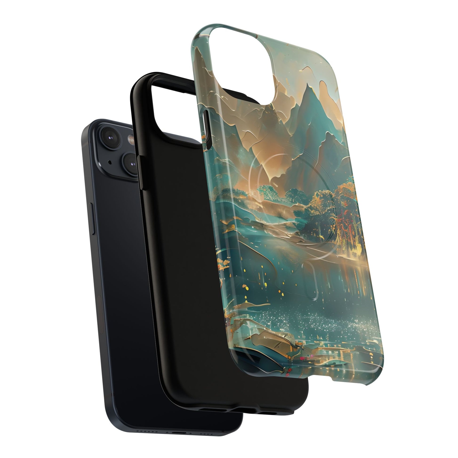 Misty Horizon - Serene Landscape Art iPhone 14 Plus MagSafe Phone Case - Tranquil Mountain & Lake Design