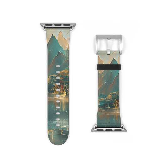 Misty Horizon Apple Watch band strap with silver clasp showing serene mountain landscape with mist and soft horizon colors