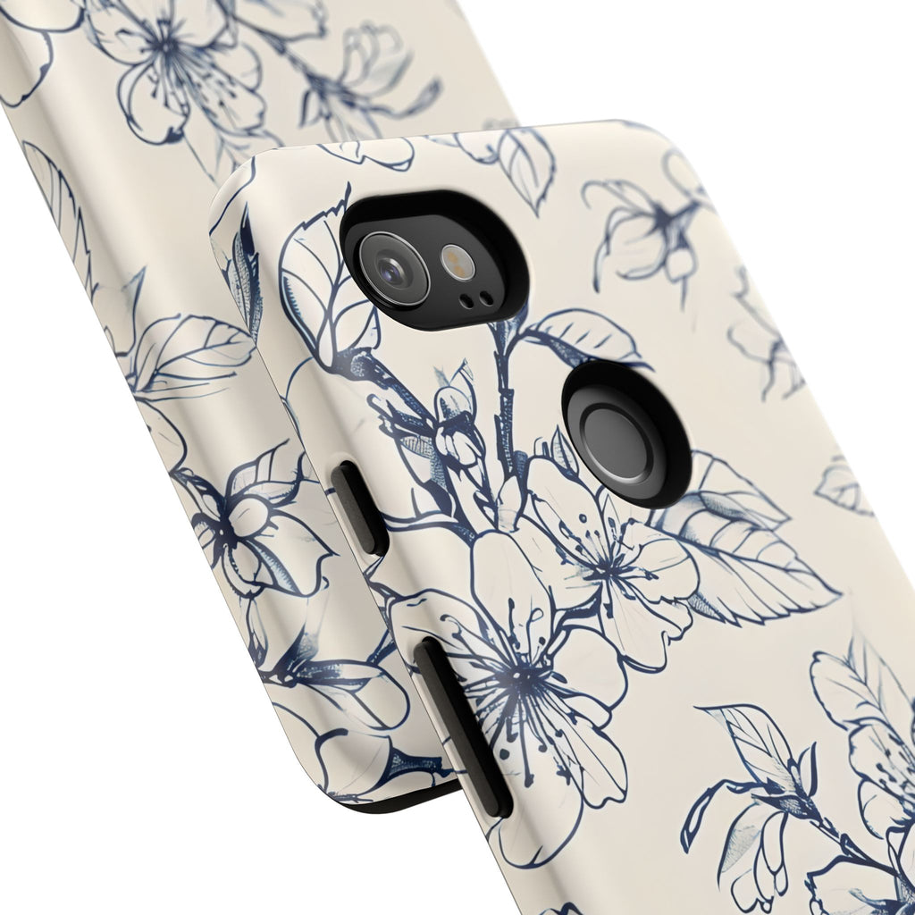 Blossom Sketch - Artistic Blue Floral Google Pixel 2XL - Tough Phone Case - Hand-Drawn Botanical Design