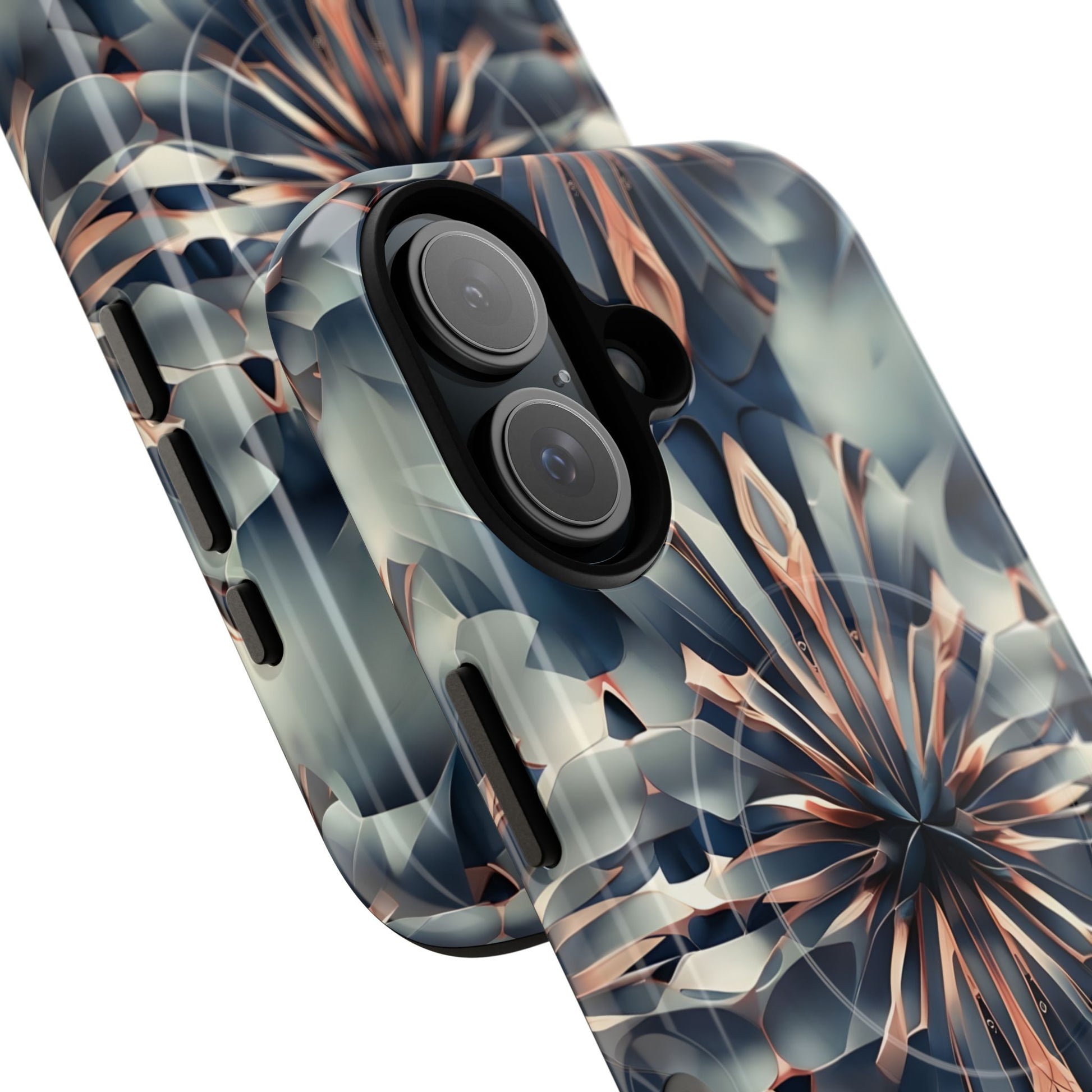 Obsidian Kaleidoscope Artistic Floral Burst - iPhone 16 MagSafe Phone Case -Blue, Peach and Silver Symmetrical Design