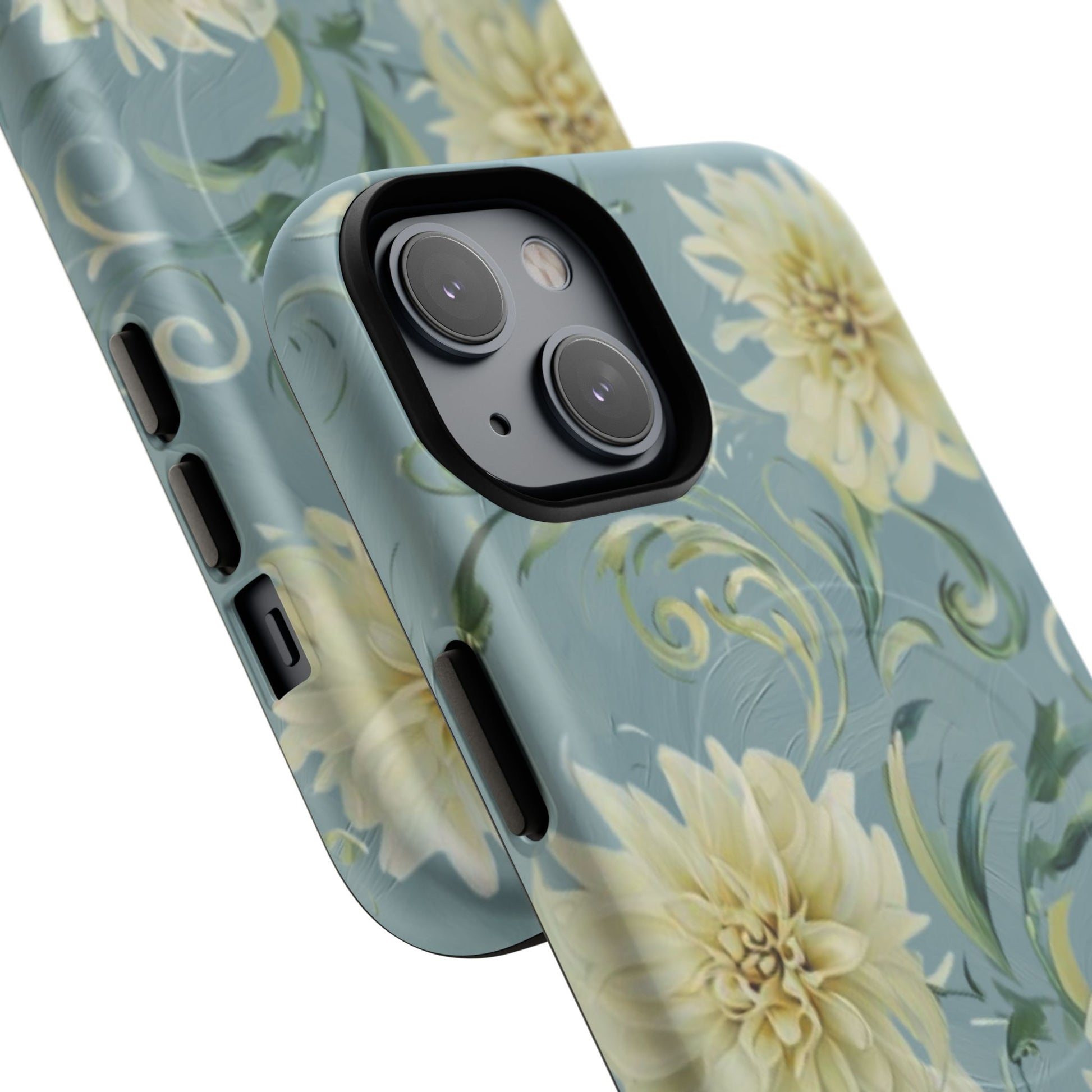 Golden Dahlia Trio - Elegant Floral iPhone 14 MagSafe Phone Case - Artistic White & Blue Dahlia Design