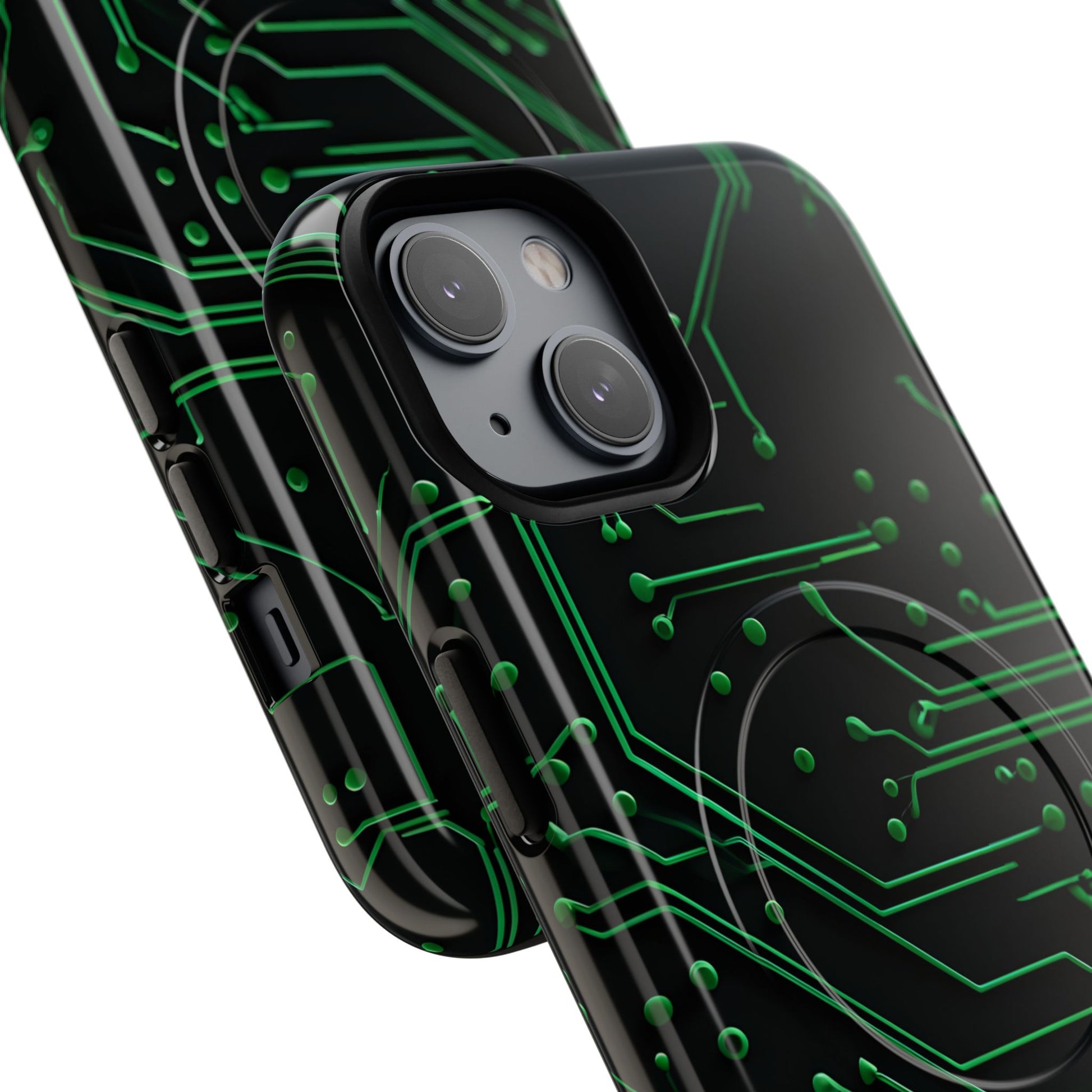 Green Circuit Grid iPhone 14 MagSafe Compatible case- Tech-Inspired Shockproof Cover