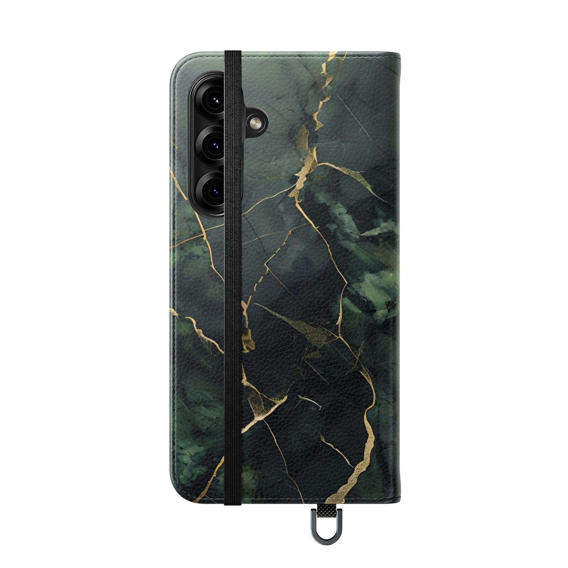 Verdant Vein - Flip Phone Case for Samsung Galaxy S25 Plus - Green and Gold Marble Design