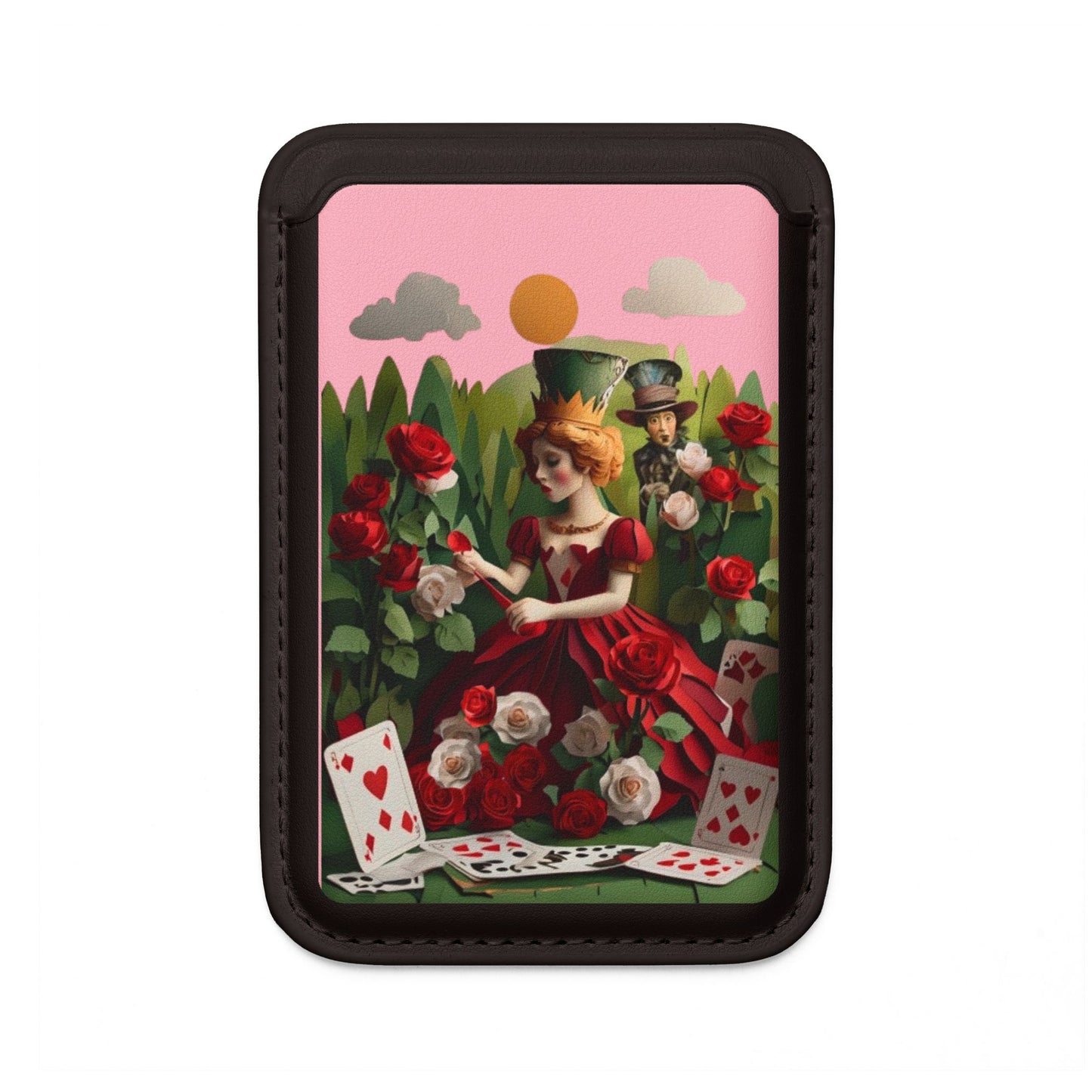 Regal Rose Court playing card queen rose garden artwork MagSafe card holder on black magnetic wallet
