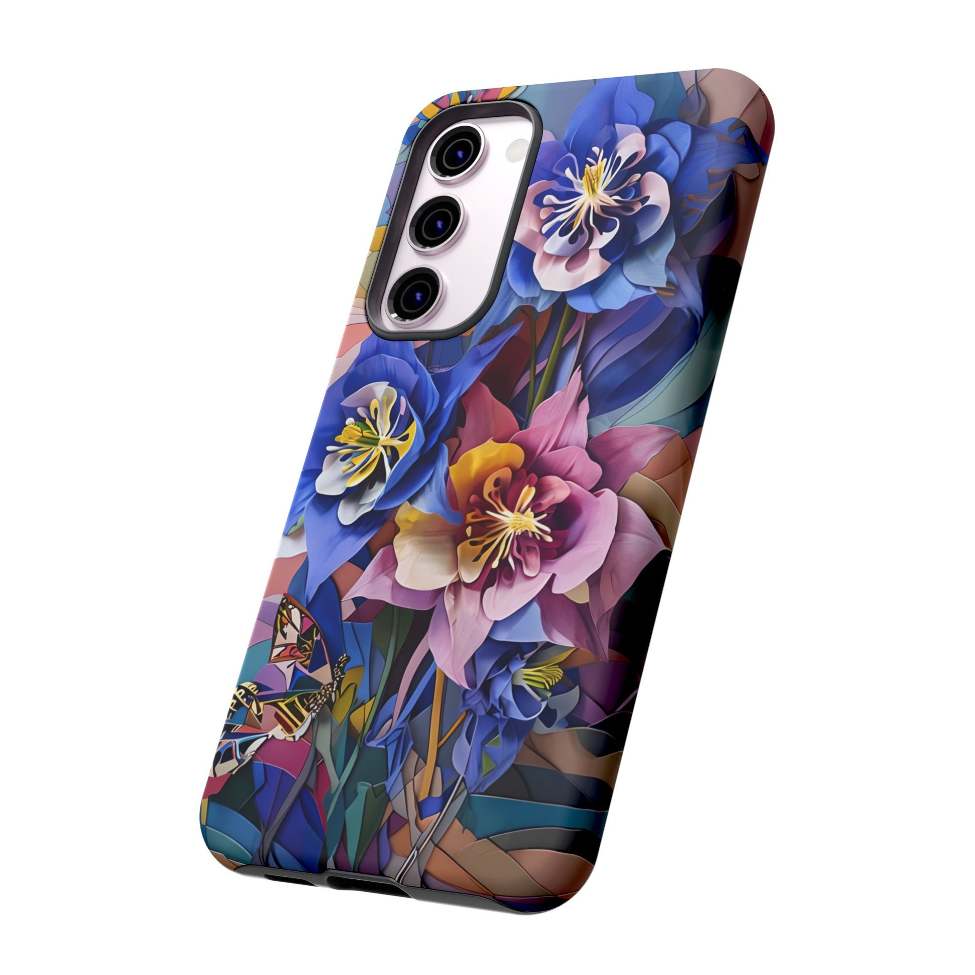 Blue Columbine Carnivale - Artistic Floral & Butterfly Samsung S23 Plus Tough Phone Case - Vibrant Botanical Design