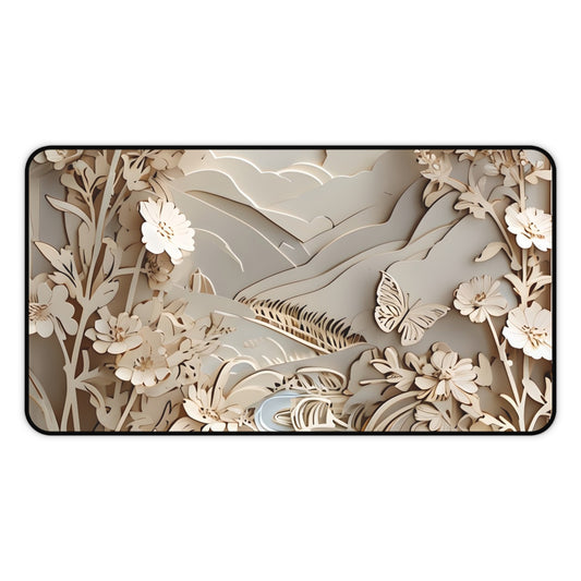 Moonlit Garden desk mat featuring delicate botanical floral design on soft neutral background