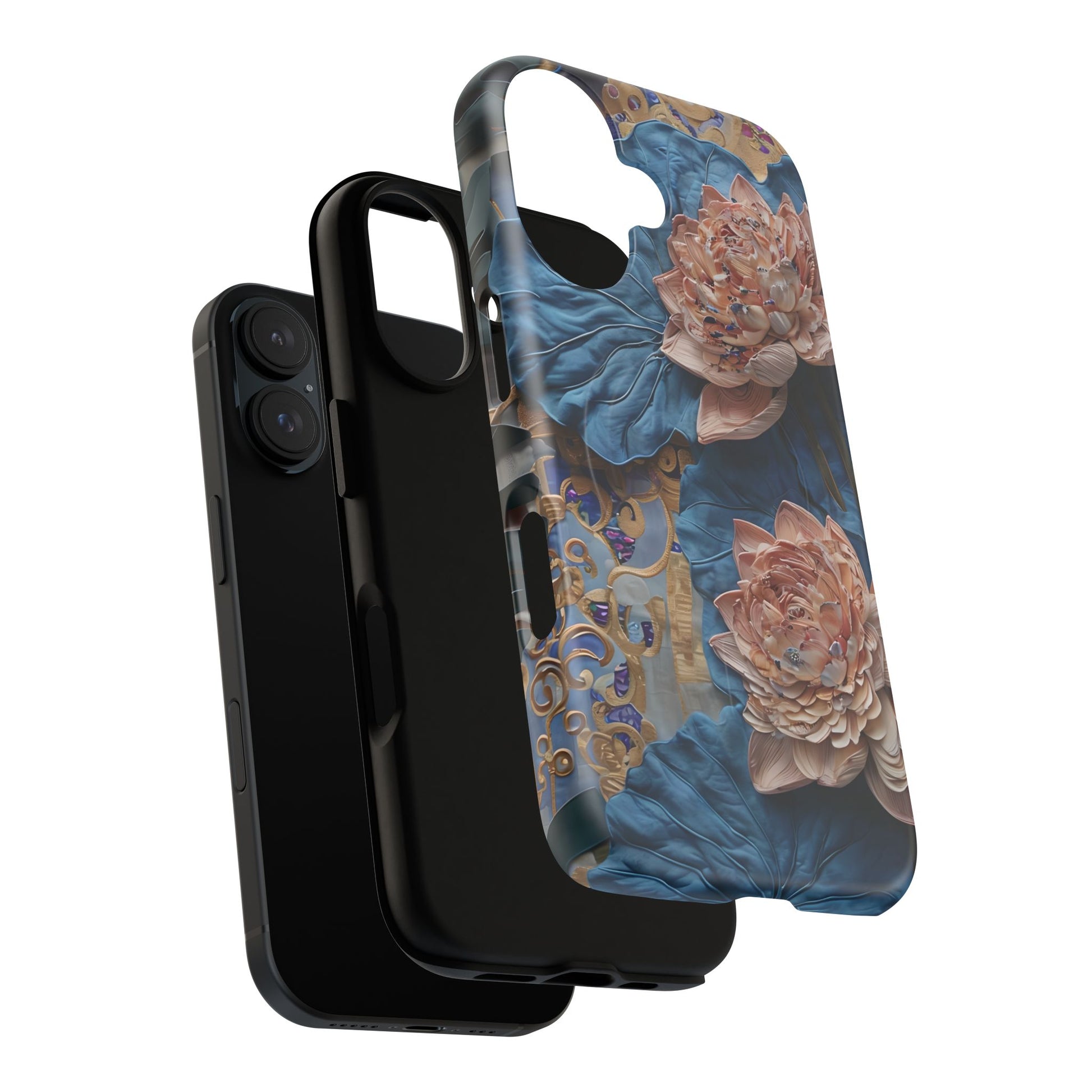 Peony Midnight Tapestry - iPhone 16 - MagSafe Compatible - Elegant Blue & Blush Artful Phone Cover
