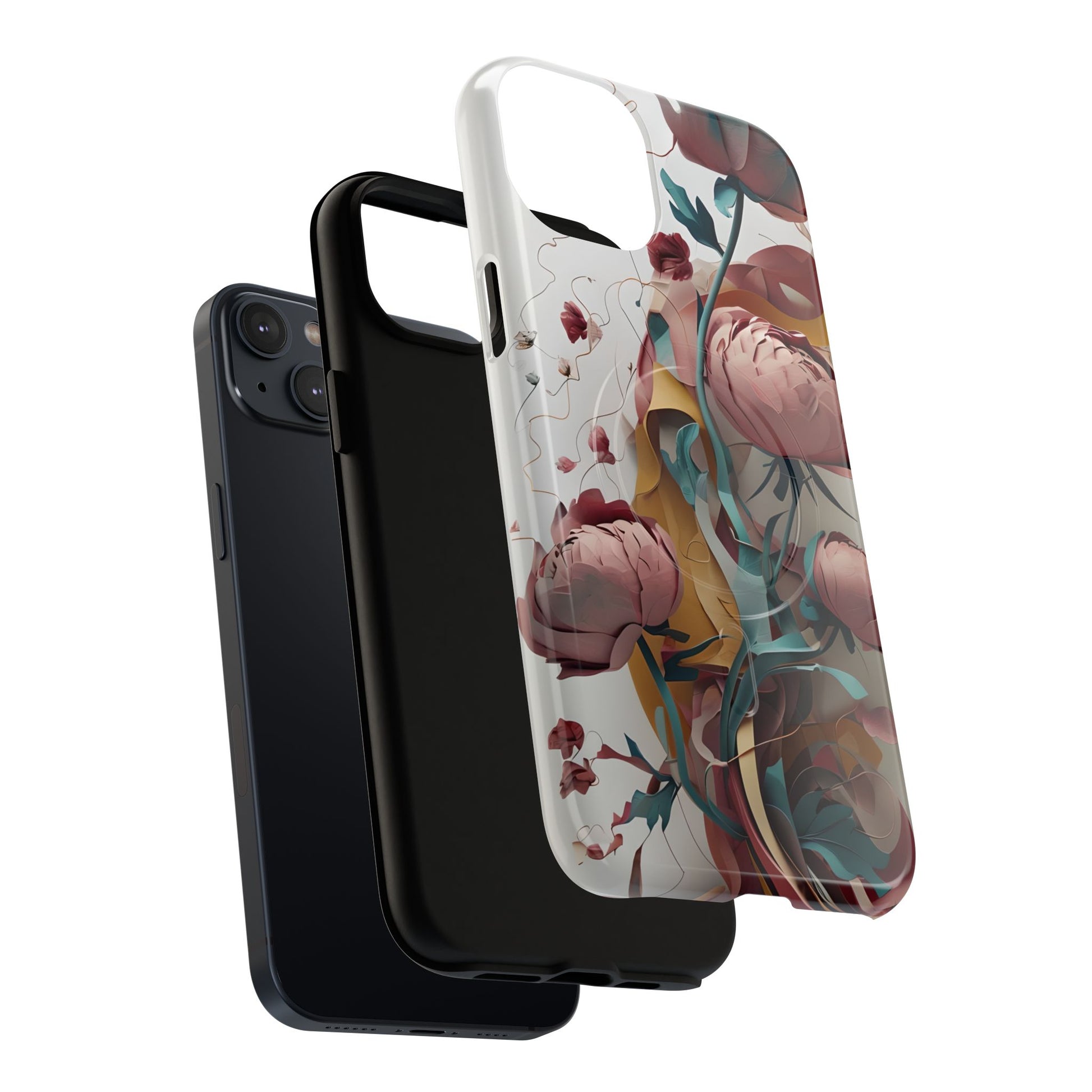 Blushing Peony Veil - Elegant Painterly Floral iPhone 14 Plus MagSafe Phone Case - Soft Blush & Teal Peony Design