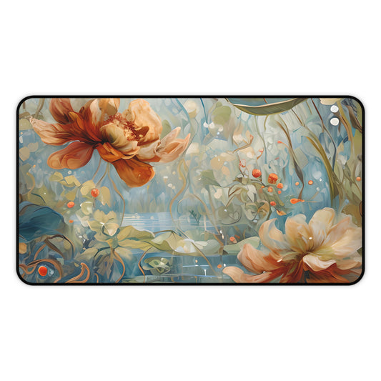 Waterlily Dreamscape desk mat featuring tranquil waterlily pond artwork in soft painterly tones
